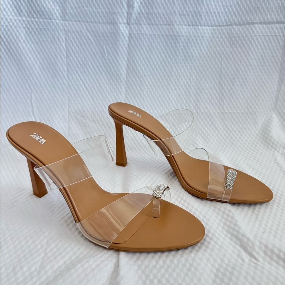 Zara New without tag Tan Clear Strap Ring Detail Heels